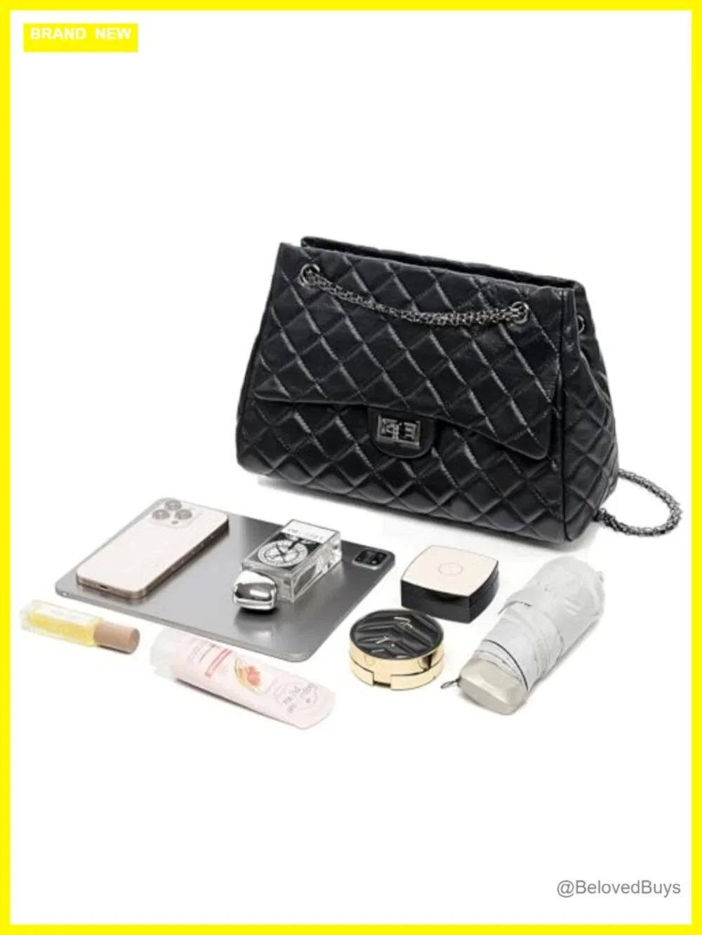 Quilted Genuine Leather Shoulder Bag Large Capacity Tote Chain Strap